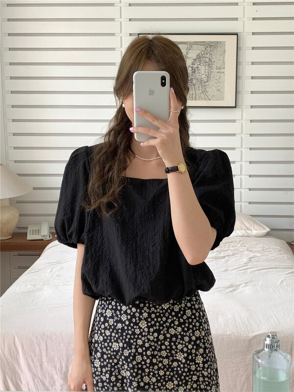[feeding] Korean solid color square neck bubble sleeve short shirt 7863-j7# cqw