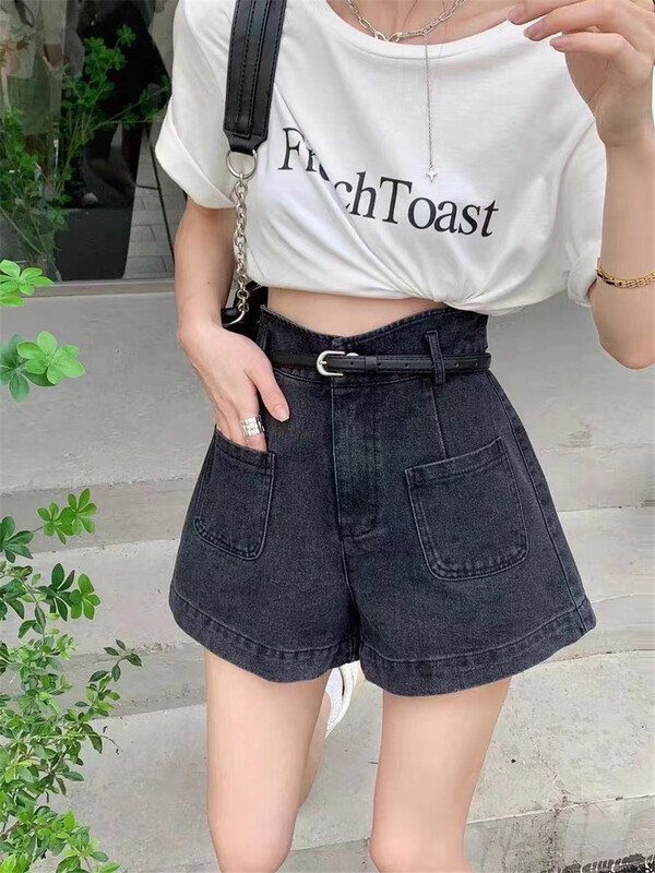 [oz] high waist slim A-shaped Wide Leg Denim Shorts (with belt) 3328# XJ