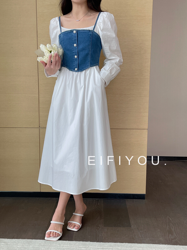 早春上新!【EI FI YOU】 法式方領連衣裙+純色簡約牛仔背心套裝  1963#  LSL