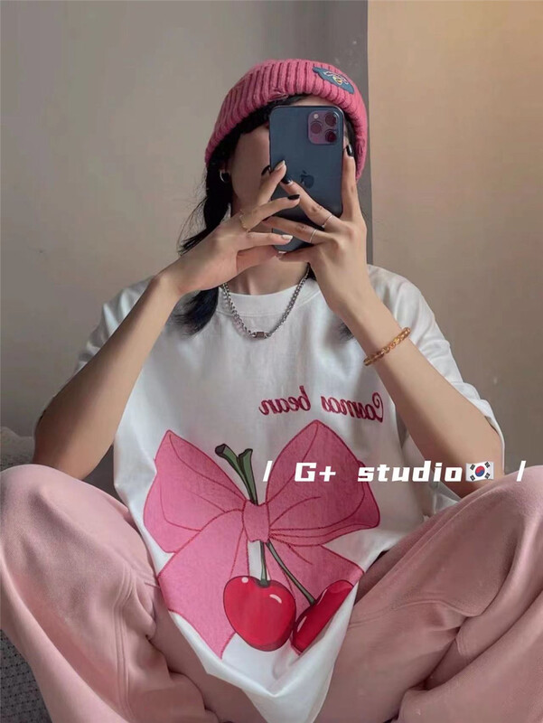 [G +] bow Pullover printed short sleeve T-shirt 1082# WTT