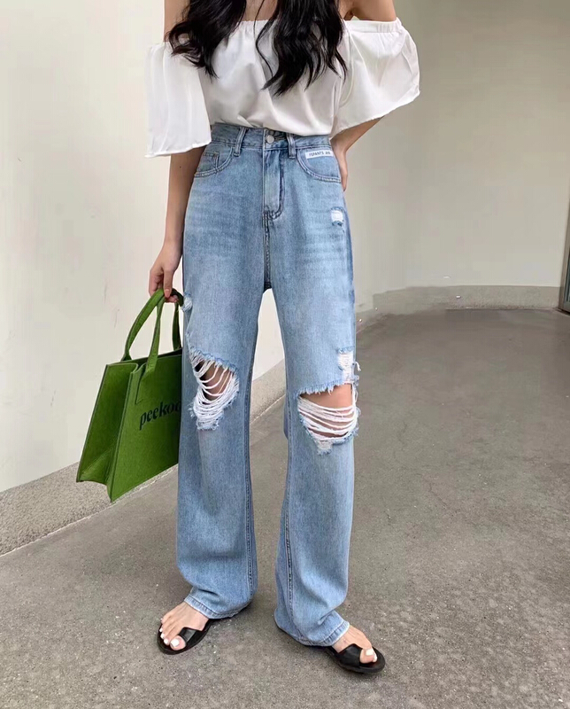 [Dido] Korean version personalized hole design wide leg jeans 1608# LSW