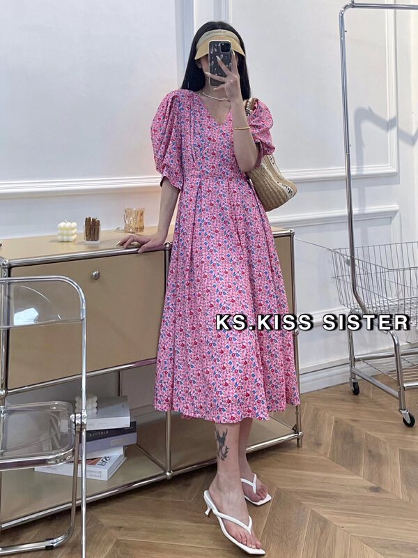 New in early summer! [KS] Korean style casual high waist slim V-neck floral dress 22110# ozq