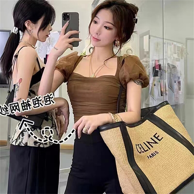 [Yashili] French style square neck bubble sleeve Slim Fit Shirt 6629# PCZ