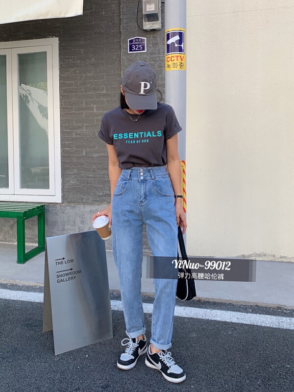 [Yinuo Yinuo jeans] wide waist three button high waist elastic Harlan jeans 99012# ZSY