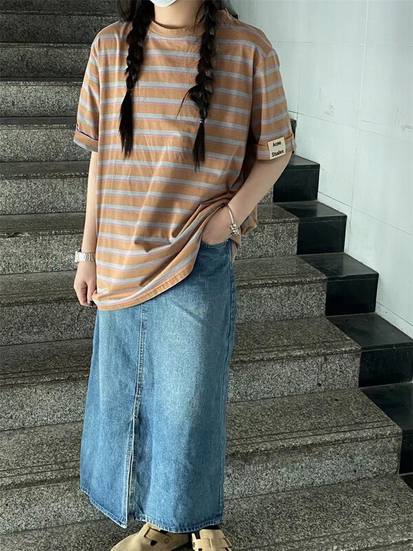 [bathing] crew neck stripe comfortable loose short sleeve T-shirt 1157# L