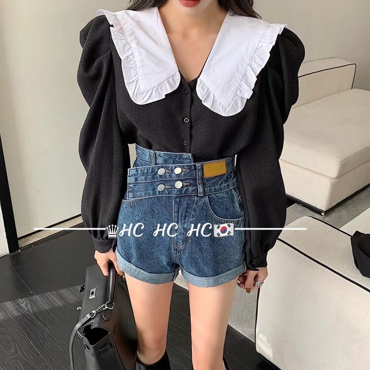 New year in early spring! [Han Xier] waist featured double button label denim shorts 6220# HBx