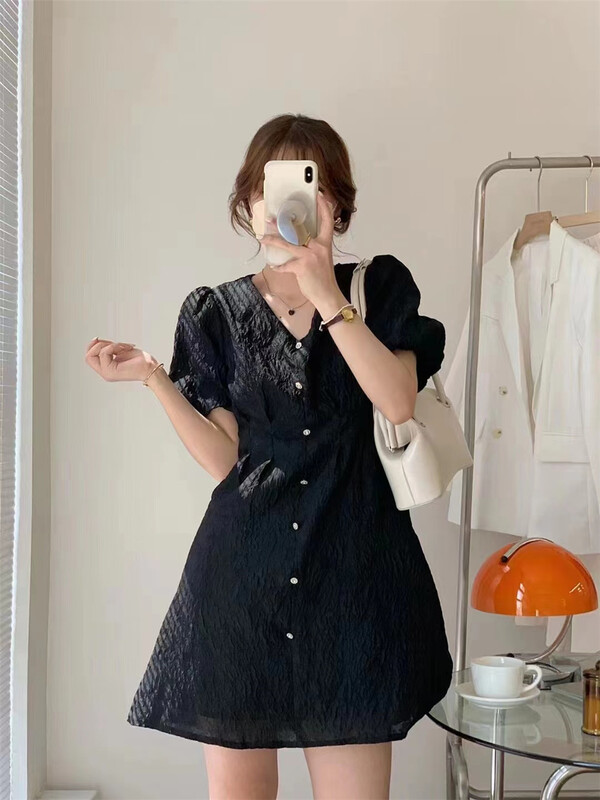 [Wo +] Korean soft V-neck bubble sleeve dress 22589# zxx