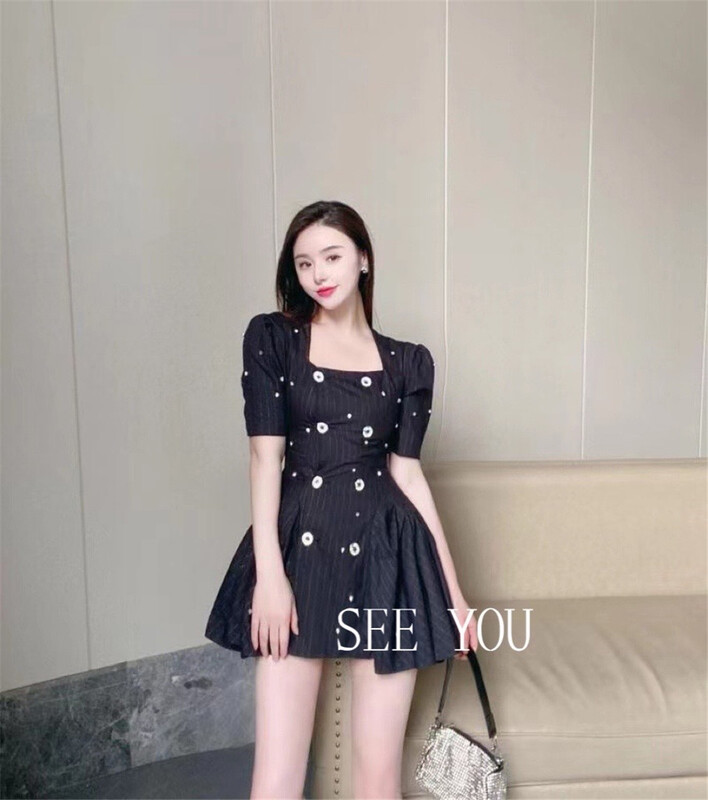[see you] square neck Beaded stripe dress 3721# PCZ