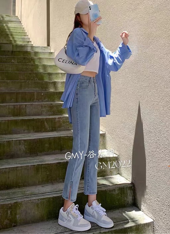 [Gu Muyu] casual simple slit jeans 2022# zjy