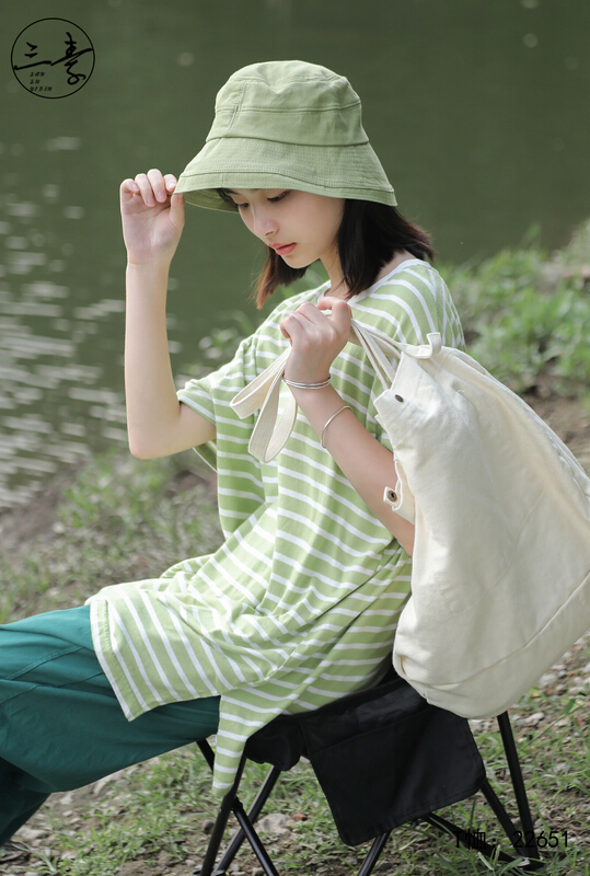 [original of three plain clothes] simple temperament casual stripe short sleeve T-shirt 22651# XYJ