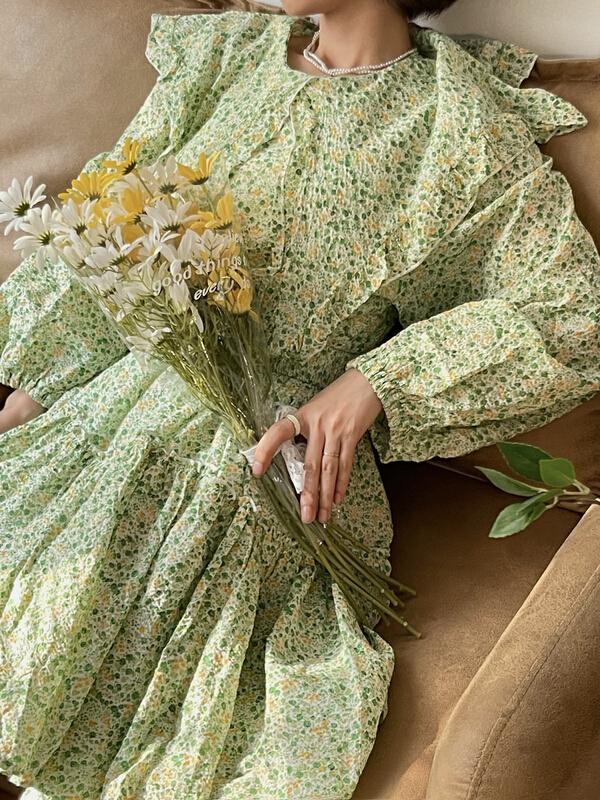 [Dai Dai] Korean large collar slim floral dress (with waist rope) 4425# L