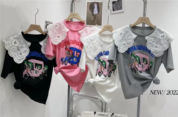 [Yi Ge Li] Korean cartoon printed lace stitched short sleeve T-shirt 1175# WPL