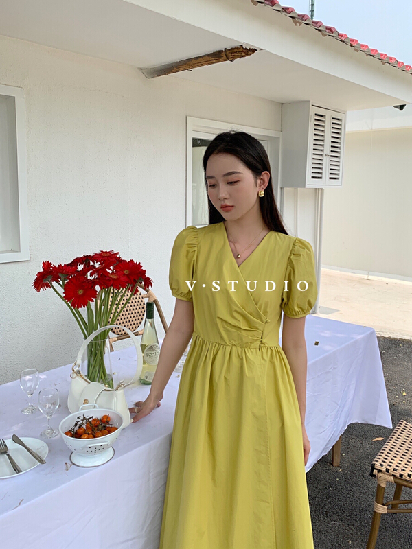 [v.studio] Korean solid color Pleated Dress 7958# zjy