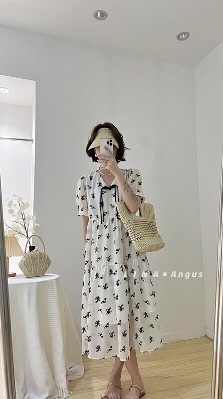 [Lina] 2022 summer new cheongsam style vintage loose and gentle flocked broken dress 0163# hjy
