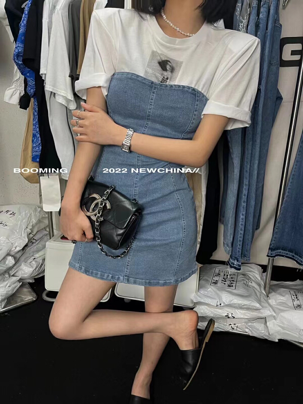 [booming] fake two piece stitched denim dress 2346# zxl