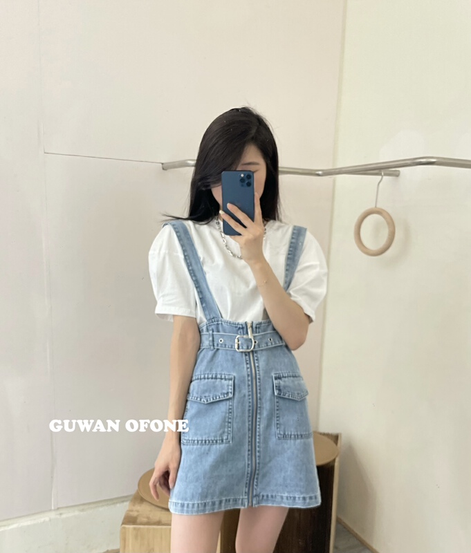 [Gu Wan] simple and versatile T-shirt + denim versatile strap Pants Set (with removable chain) 5598# zxx