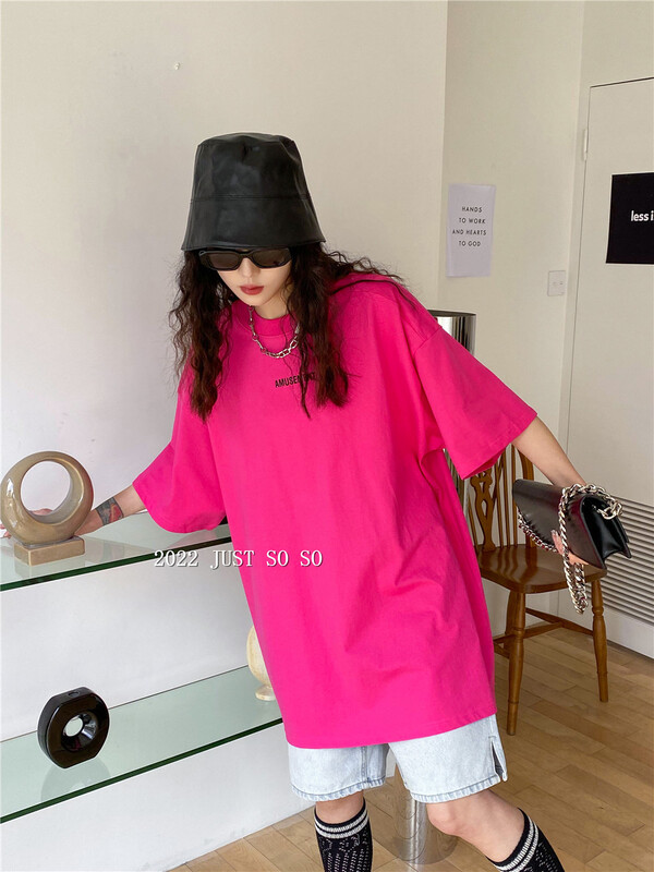 New year in early spring! [just soso] Korean fashion medium long letter printed loose short sleeve T-shirt 6882# CLS
