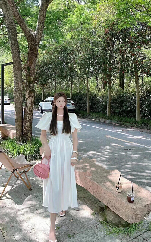 [mi ni] bubble sleeve square neck slim dress 1096-1# PCZ