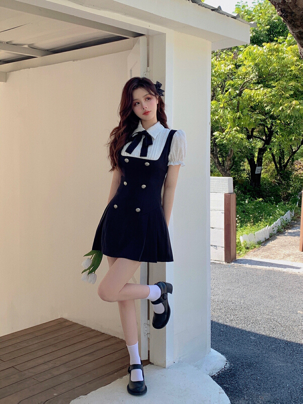[Doudou family] pure desire college bubble sleeve stitched thin Pleated Dress (with ribbon) 88241# CLS