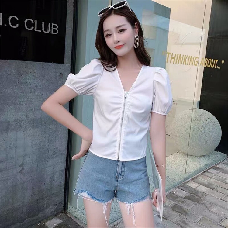 [Mori shallow style] V-neck zipper design small shirt 8378# XYJ