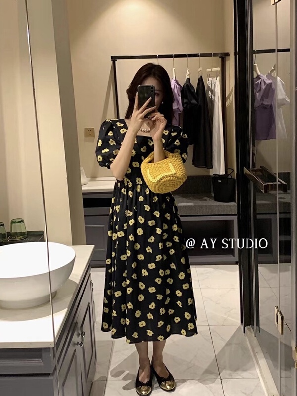 [ay studio] Korean Ladies' square neck short sleeve Printed Dress 66809y# zxx