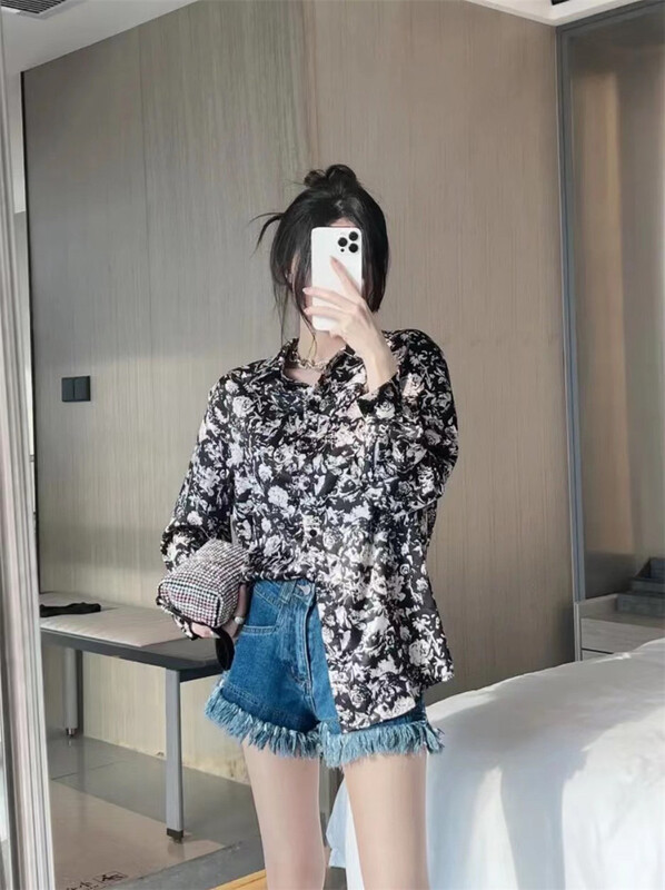 [semi plain] elegant Vintage printed long sleeved shirt 127# zjy