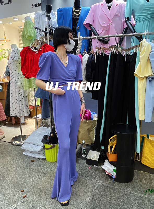 [ujtrend] temperament deep V-neck shirt + simple high waist straight casual pants set 914# WTT