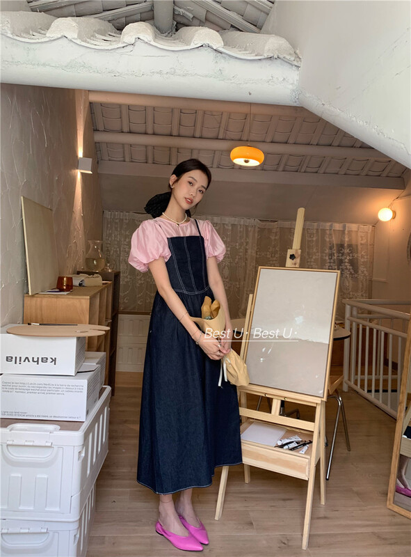 [best u] vintage style simple denim open line suspender dress 83291# LSW