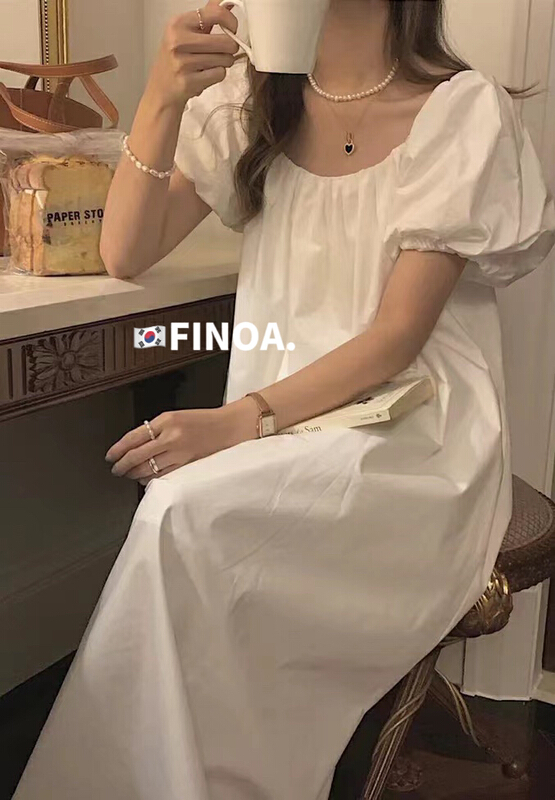 [finoa] Korean version solid color one-line collar Tencel dress 1066# CLS