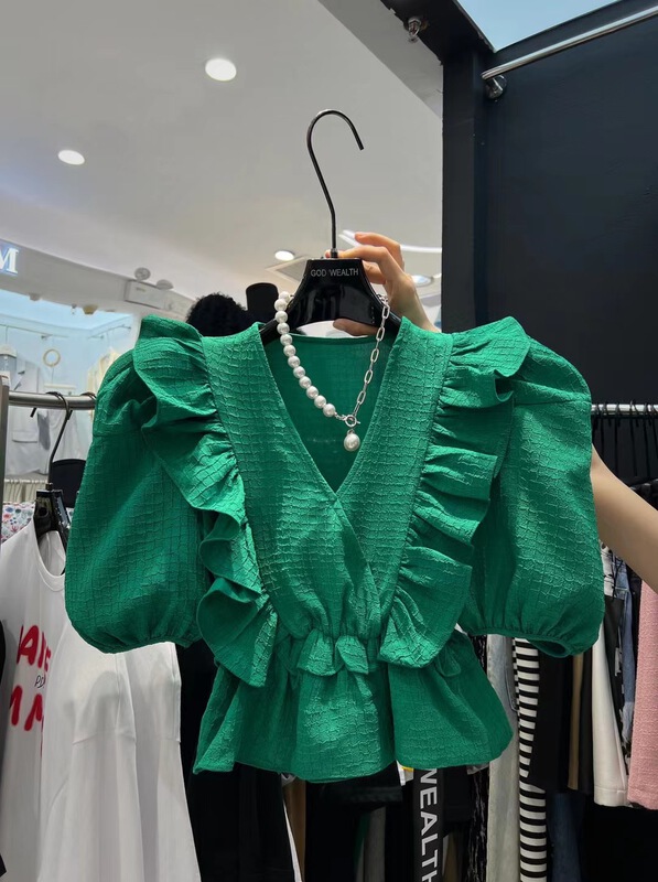 [buyer Yan Xuan - God of wealth] Korean ruffled bubble sleeve short shirt 1521# Cl