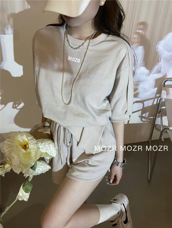 [mozr] letter printed short sleeve T-shirt + elastic waist loose casual pants set 22090# XYJ