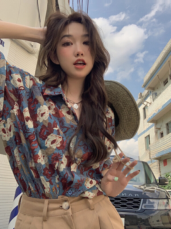 [timely rain] Han Feng ins Kupi Fenggang style design floral shirt 0428# WPL