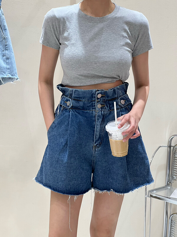 [kJ] Korean design high waist elastic bud Wide Leg Denim Shorts 2882# zxl