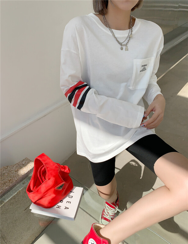goods in stock! New year in early spring! [sv7] Korean color contrast design label pocket loose long sleeve T-shirt 7126# CLS