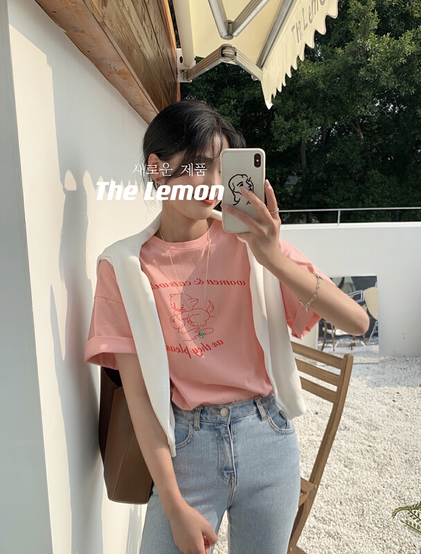 Early spring! [lemon green tea] Korean fashion printed round neck short sleeve T-shirt 2023# hjy