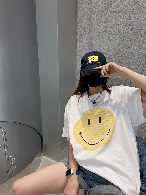 [bobo1972] Korean version ins style smiling face print loose short sleeve T-shirt 221015# ozq
