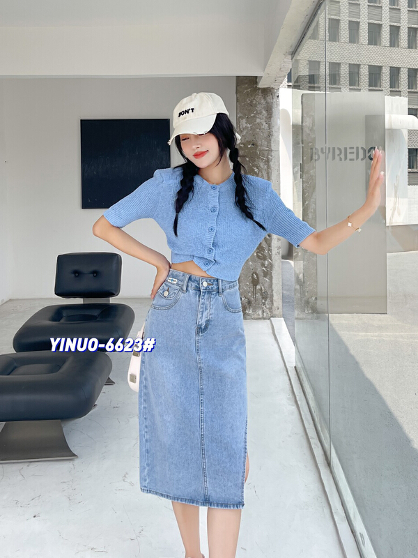 New in early summer! [Yinuo Yinuo denim] elastic free slit washed denim skirt 6623# ZSY
