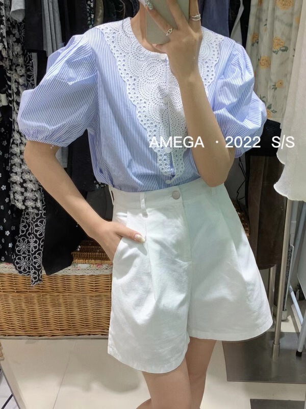 現貨!初夏上新!【AMEGA】圓領條紋泡泡袖襯衫  6828#  HBX