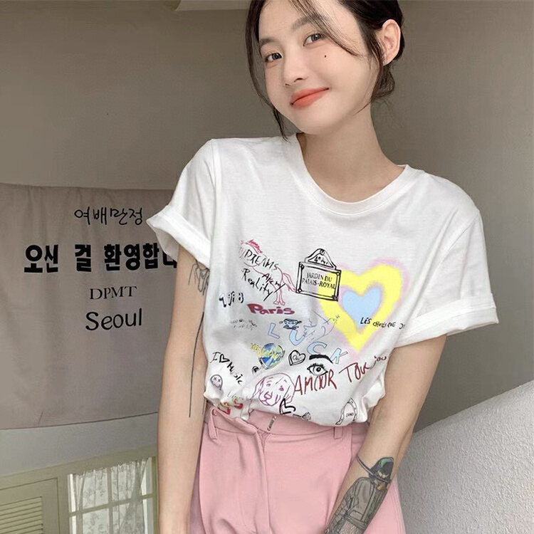 [wgwe] printed design round neck loose and thin short sleeve T-shirt 1753# PCZ