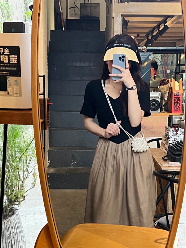 [X.C] celebrity style V-neck stitched slim dress 567# WPL