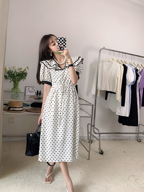 [Vanessa] elegant and generous, ruffled polka dot dress 6082# ozq