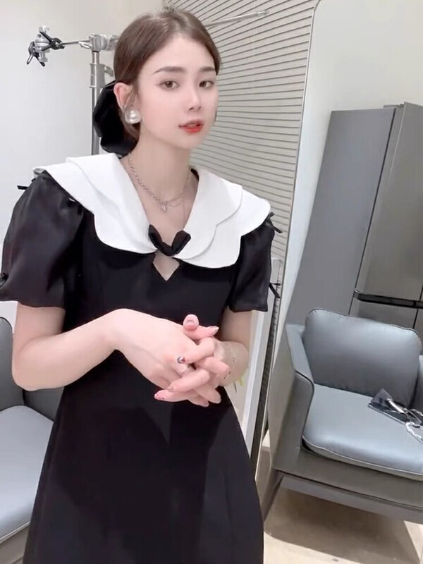 goods in stock! New in early summer! [Yingying new clothes] double layer doll collar temperament aging bubble sleeve slim fitting dress 7266# Cl