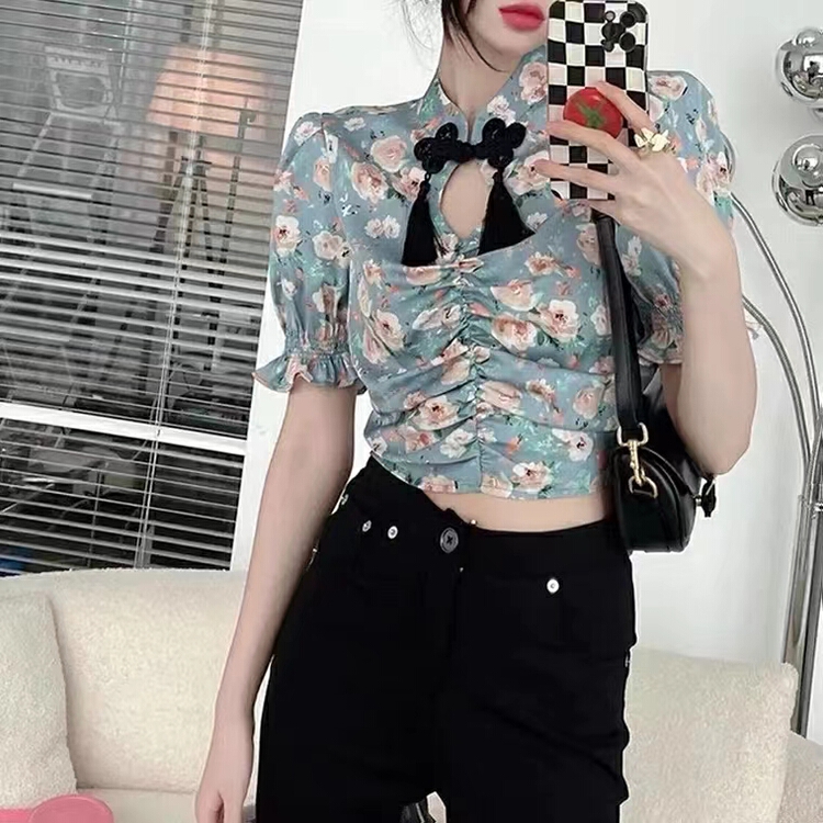 [YG] National tide disc buckle broken flower retro aging design sense short sleeve T-shirt 976# lwy