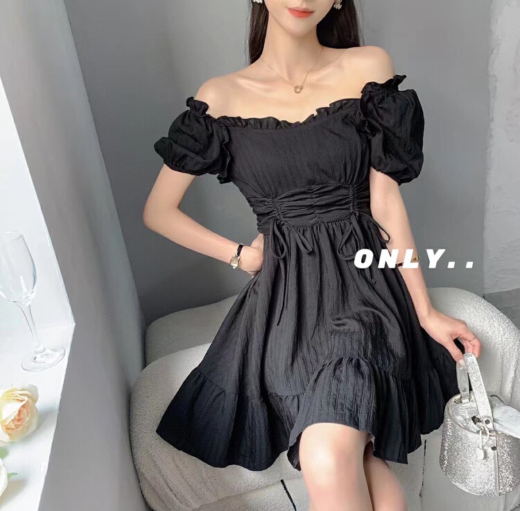 [only] square neck waist drawstring sweet aging dress 8301# JJ