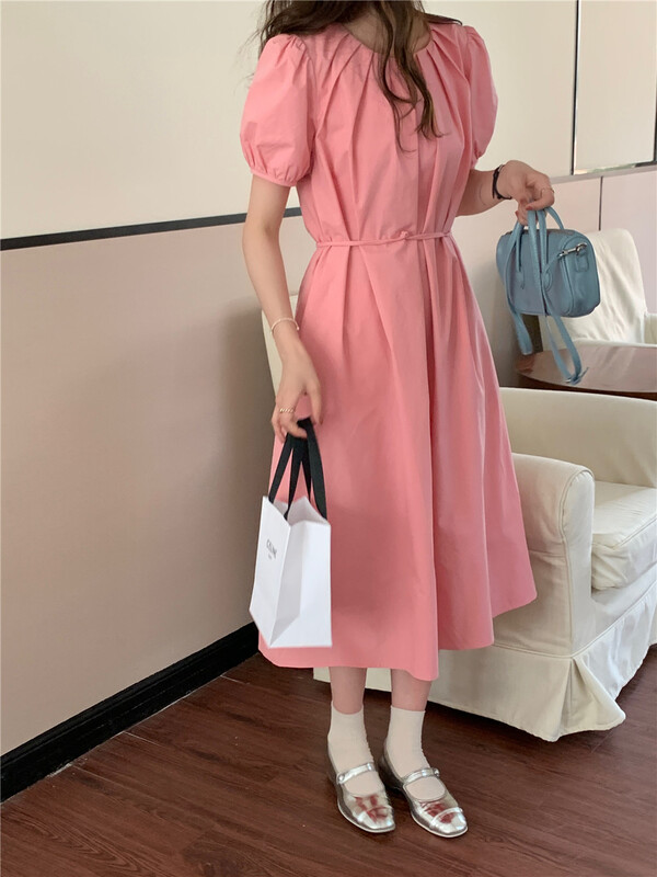 goods in stock! [TP. Master] Korean Solid Color Bubble Sleeve Dress (with waist rope) 88298# zxx