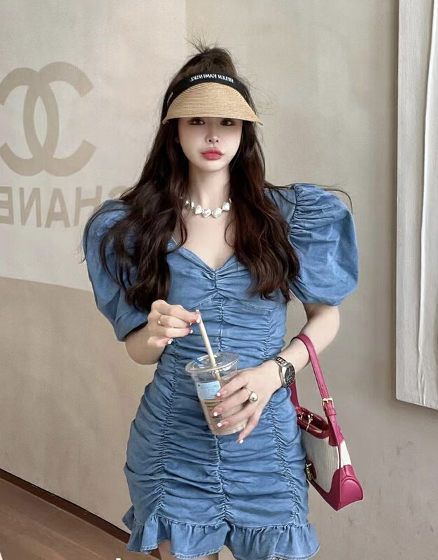 [JH] net Red Lantern Sleeve pleated wash denim dress 41627# PCZ