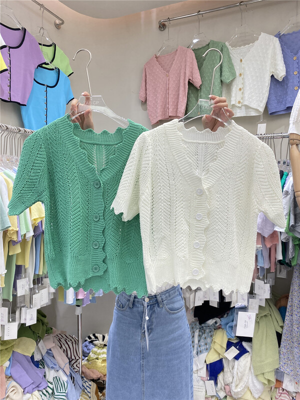 goods in stock! [tab CP] V-neck breasted wavy knit cardigan 7853# CSX