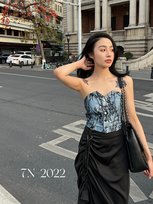 [7n] Korean cowboy heavy industry lace stitching snap button design Strapless vest / sling 7190# ozq