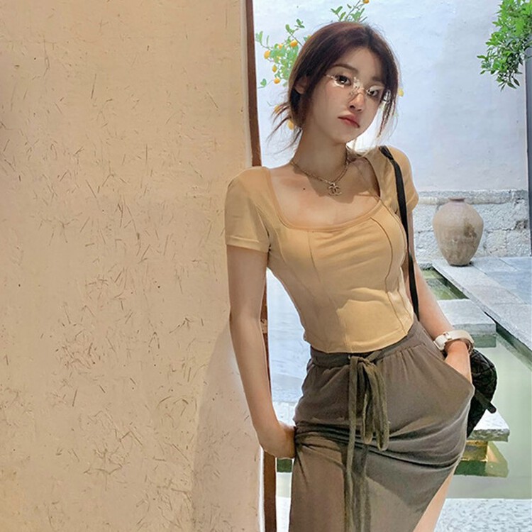 [lucky. Bibi] slim fit square neck short sleeve T-shirt 1011# cqw