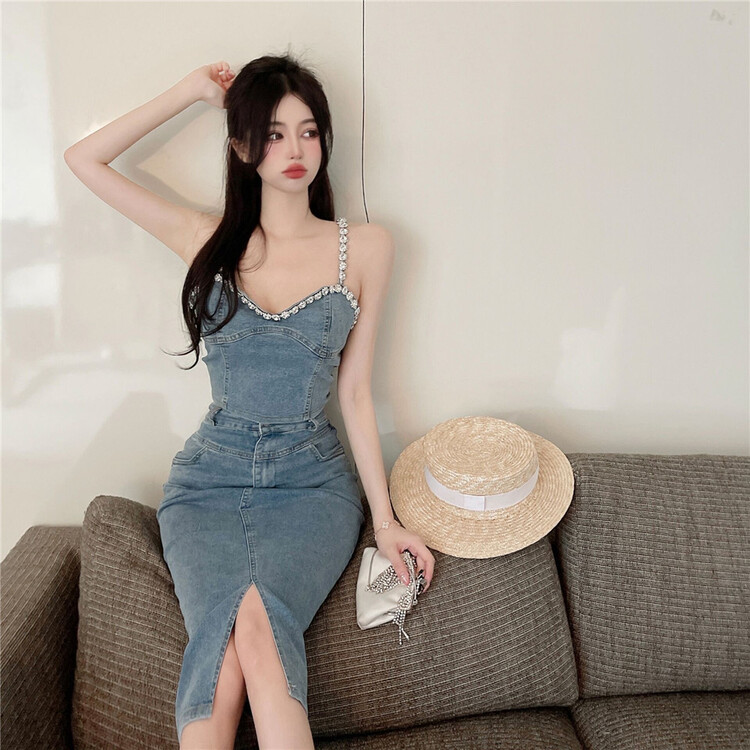 [DS +] hot girl short denim vest + Korean slim slit denim skirt set 3178# JJ